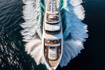 Beautiful contemporary mega yacht with hardwood deck captured in an aerial drone shot traveling at fast speed in the deep blue open ocean. Generative AI - obrazy, fototapety, plakaty