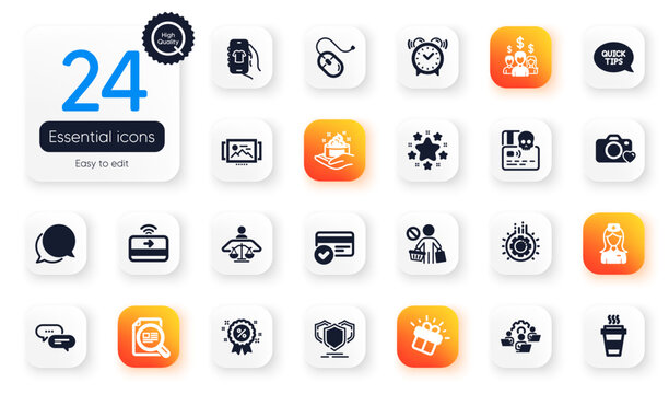 Set of Business flat icons. Quickstart guide, Photo camera and Cyber attack elements for web application. Teamwork, Stop shopping, Court judge icons. Shop app, Image carousel. Vector