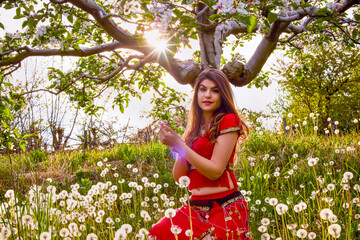 Beautiful young indian woman in long orange dress in an apple orchard