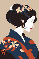 portrait japanese geisha in kimono, japan woman in traditional floral ornament