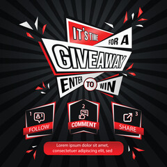 Giveaway quiz contest and announcement for social media feed. Vector template prize win competition with steps