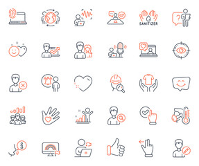 People icons set. Included icon as Hand sanitizer, Smile chat and Video conference web elements. Friends chat, Search people, Remove account icons. Teamwork, User notification. Vector