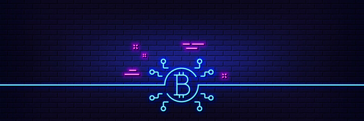 Neon light glow effect. Bitcoin system line icon. Cryptocurrency scheme sign. Crypto money symbol. 3d line neon glow icon. Brick wall banner. Bitcoin system outline. Vector