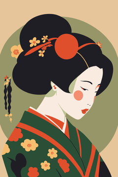 portrait japanese geisha in kimono, japan woman in traditional floral ornament