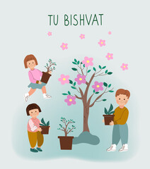 Card Happy Tu Bishvat. New Year for Trees. Jewish holiday.Children standing under a blooming tree preparing to plant saplings for Tu Bishvat. Vector doodle cartoon illustration.
