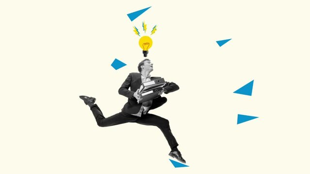 Stop motion, animation. Man running with light bulb. Idea, innovation, creativity, solution concept. Businessman having a good idea for a business.