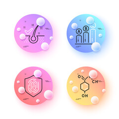 Anti-dandruff flakes, Fingerprint and Graph chart minimal line icons. 3d spheres or balls buttons. Chemical formula icons. For web, application, printing. Vector