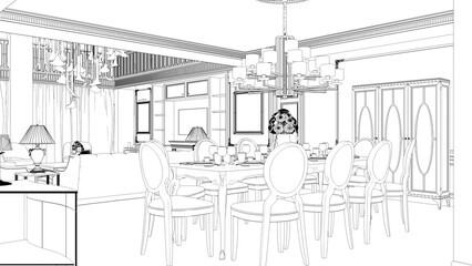 interior contour visualization, 3D illustration, sketch, outline