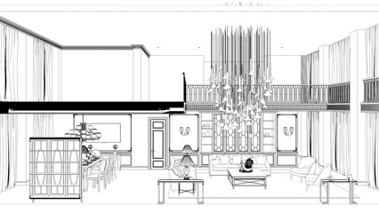 interior contour visualization, 3D illustration, sketch, outline