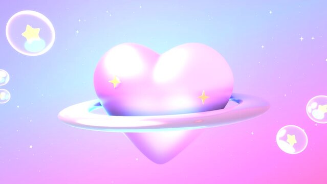 Looped cartoon glossy heart planet with flying star bubbles animation.