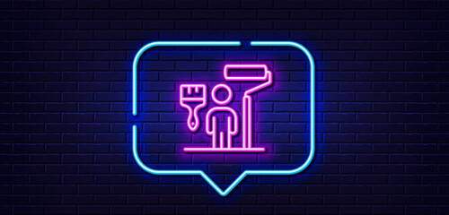 Neon light speech bubble. Painter line icon. Paint brush roller sign. Professional artist symbol. Neon light background. Painter glow line. Brick wall banner. Vector