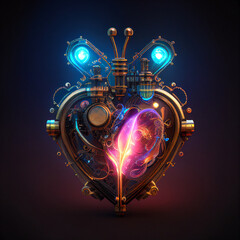 Steampunk Heart Bronze Brass Metal Neon Pink Blue Valentine Design Concept Painting Style Generative AI Tools Technology illustration