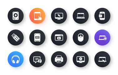 Device icons. Laptop, SSD and Headphones. Printer classic icon set. Circle web buttons. Vector