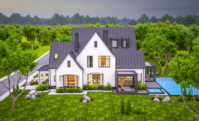 3d rendering of cute cozy white and black modern Tudor style house with parking  and pool for sale or rent with beautiful landscaping. Fairy roofs. Clear summer evening with cozy light from window