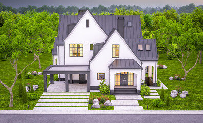 3d rendering of cute cozy white and black modern Tudor style house with parking  and pool for sale or rent with beautiful landscaping. Fairy roofs. Clear summer evening with cozy light from window
