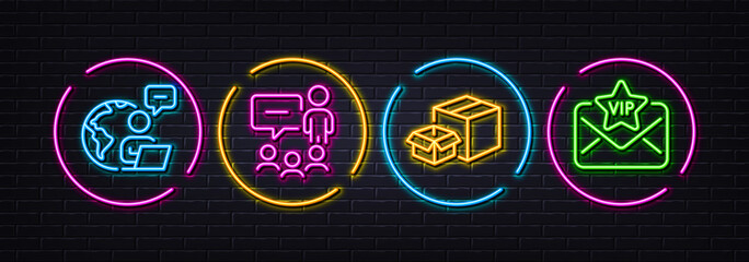 People chatting, Packing boxes and Outsource work minimal line icons. Neon laser 3d lights. Vip mail icons. For web, application, printing. Conference, Delivery box, Remote worker. Vector