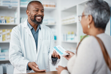 Healthcare, pharmacist and woman at counter with medicine or prescription drugs in hands at drug...