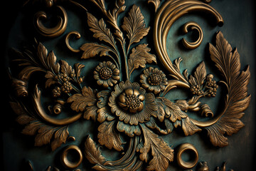 background texture made of antique bronze ornamental plaster. Generative AI