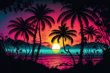 Fototapeta na wymiar Sunset surreal woodland with palm trees stunning neon dream landscape. Generative AI
