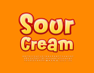 Vector bright poster Sour Cream. Bright handwritten Font. Funny glossy Alphabet Letters and Numbers