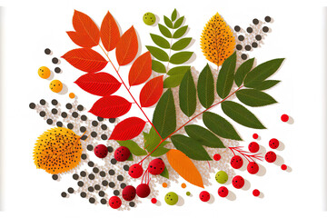 Rowan berries and sparse autumnal foliage Oak and birch leaves in a composition of autumnal foliage An aerial picture of fall foliage Anime style colored flat image, isolated on a white backdrop