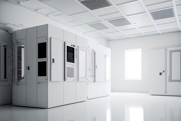 A white, sterile hi-tech clean room.