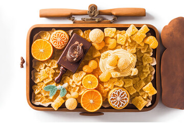 On a white background, a suitcase filled with holiday ornaments and a wooden board with marmalade. superb photograph. Generative AI