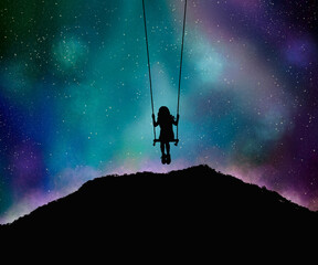 Fototapeta premium Beautiful colorful night sky with siluet swing woman background wallpaper