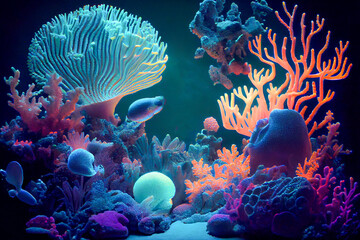 Beautiful underwater world with corals and tropical fish, ai illustration