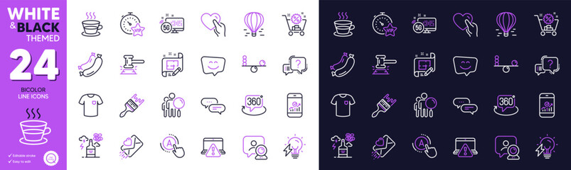 Air balloon, Shopping cart and Coffee cup line icons for website, printing. Collection of Balance, Architect plan, Dots message icons. Question mark, Vip timer, Judge hammer web elements. Vector