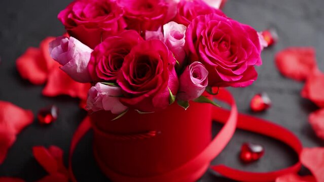 Pink roses bouquet packed in red box and placed on black stone background