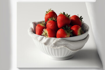 A bowl of strawberries on a white towel, Generative AI