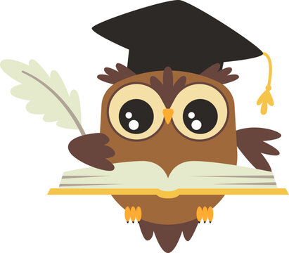 Cute cartoon wise owl with book flat icon