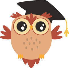 Cute cartoon wise owl in academic cap flat icon
