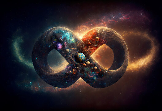Omega of love, eternal cosmic eight circling into the universe, spirituality, esoteric, illustration, generated art