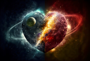 Cosmic heart  beating and shining through space and time, universal love, spirituality and esoteric, illustration, generated ai
