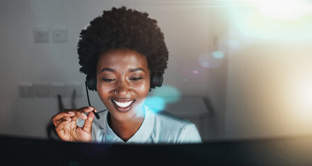 Call center, customer service and support with a business black woman using a headset for telemarketing or sales. Contact, crm and retail with a female consultant or employee working in her office