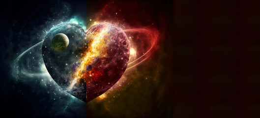Cosmic heart  beating and shining through space and time, copy space, universal love, space for your text, spirituality and esoteric, illustration, generated ai - obrazy, fototapety, plakaty