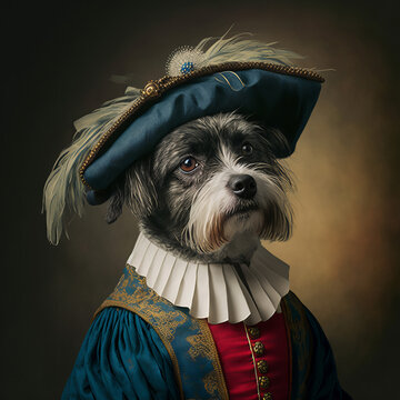 A cute puppy dog wearing a regal costume. Pet portrait in clothing. Generative ai