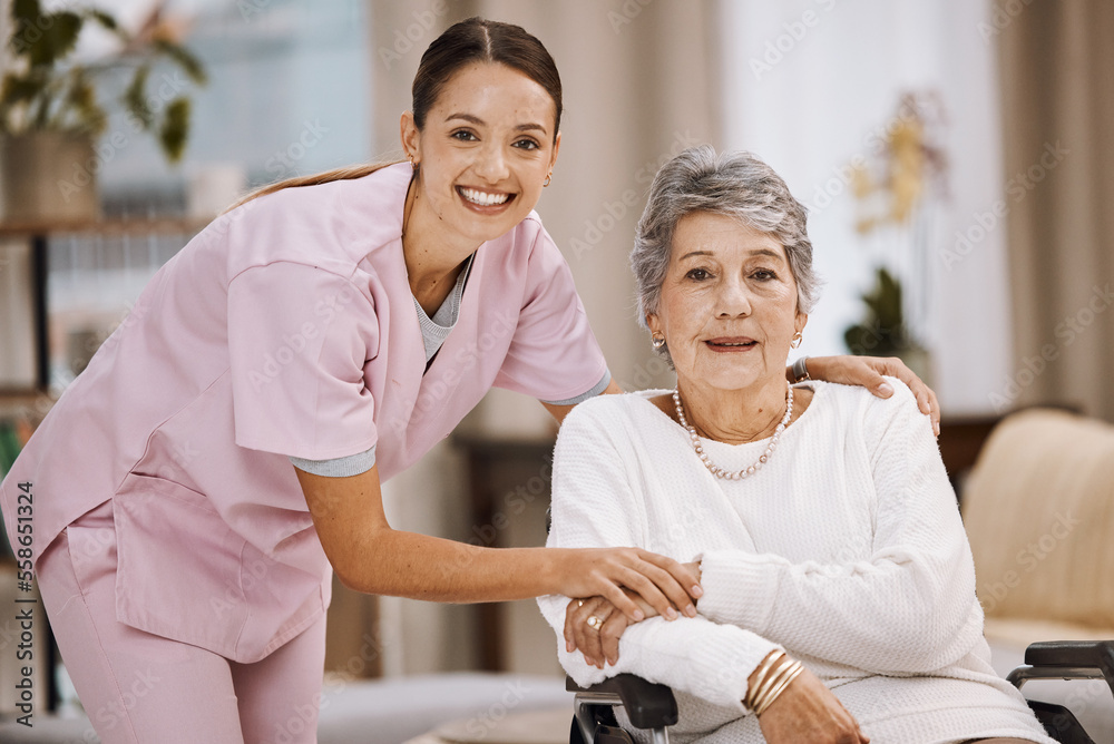 Canvas Prints Women, senior or wheelchair support in nursing home, house living room or wellness rehabilitation clinic. Portrait, smile or happy healthcare nurse with retirement elderly in disability mobility aid