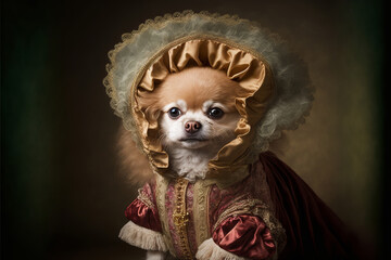 A cute puppy dog wearing a regal dress. Pet portrait in clothing. Generative ai