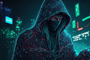 hacker in cyberpunk garb skulk under some cyan Christmas lights. artwork created by a neural network. Generative AI