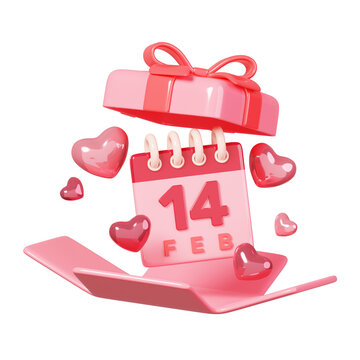 3D rendering pink open gift box with 14 feb calendar and heart shape isolated. 14 February Happy Valentine's Day icon.