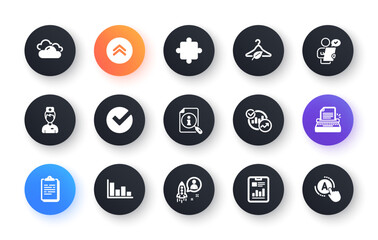 Minimal set of Report document, Doctor and Verify flat icons for web development. Puzzle, Cloudy weather, Startup icons. Slow fashion, Customer survey, Histogram web elements. Typewriter. Vector