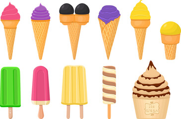 big kit ice cream popsicle different types in cone waffle cup