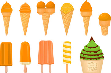 big kit ice cream popsicle different types in cone waffle cup