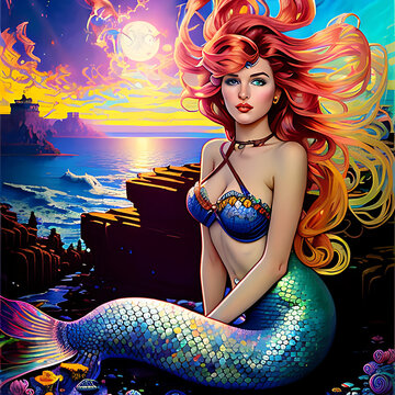 Ilustraci&oacute;n de sirena sexy en playa con cielo de vivos colores - AI Generative Art 