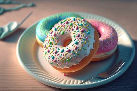 A white plate topped with donuts covered in frosting, Generative AI