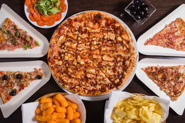 Set of delicious pizzas
