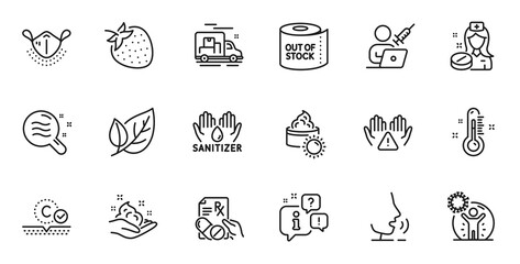 Outline set of Coronavirus protection, Medical mask and Prescription drugs line icons for web application. Talk, information, delivery truck outline icon. Vector
